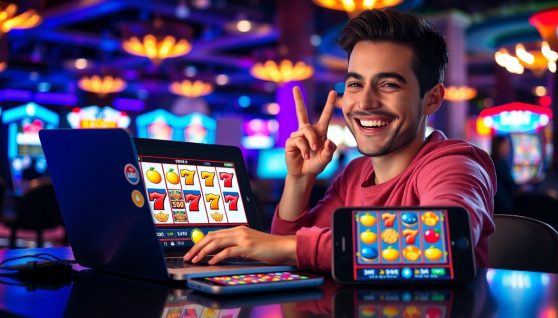 игрок радуется выигрышу в онлайн-слотах
